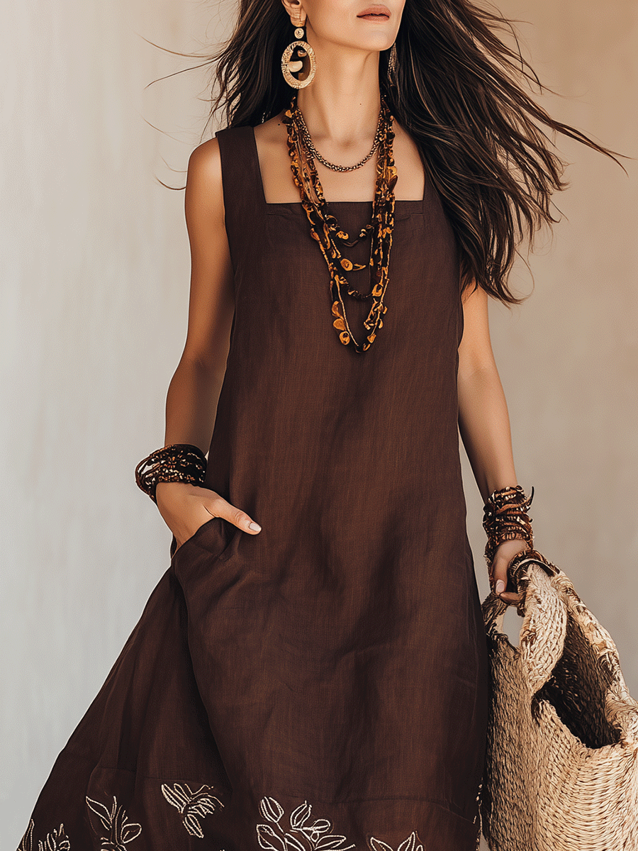 NOEMI | Midi Abito Lino Boho Ricamato