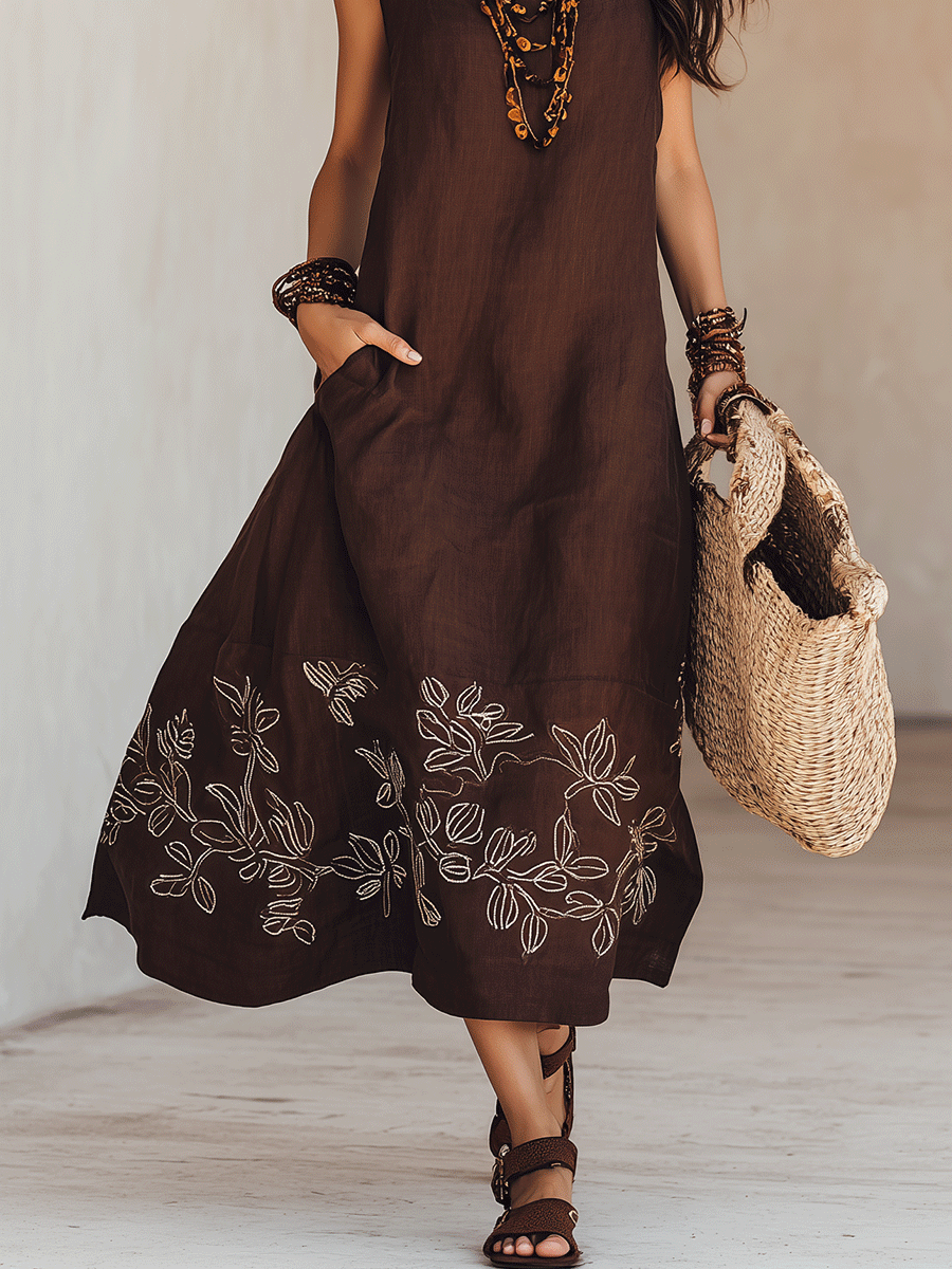 NOEMI | Midi Abito Lino Boho Ricamato