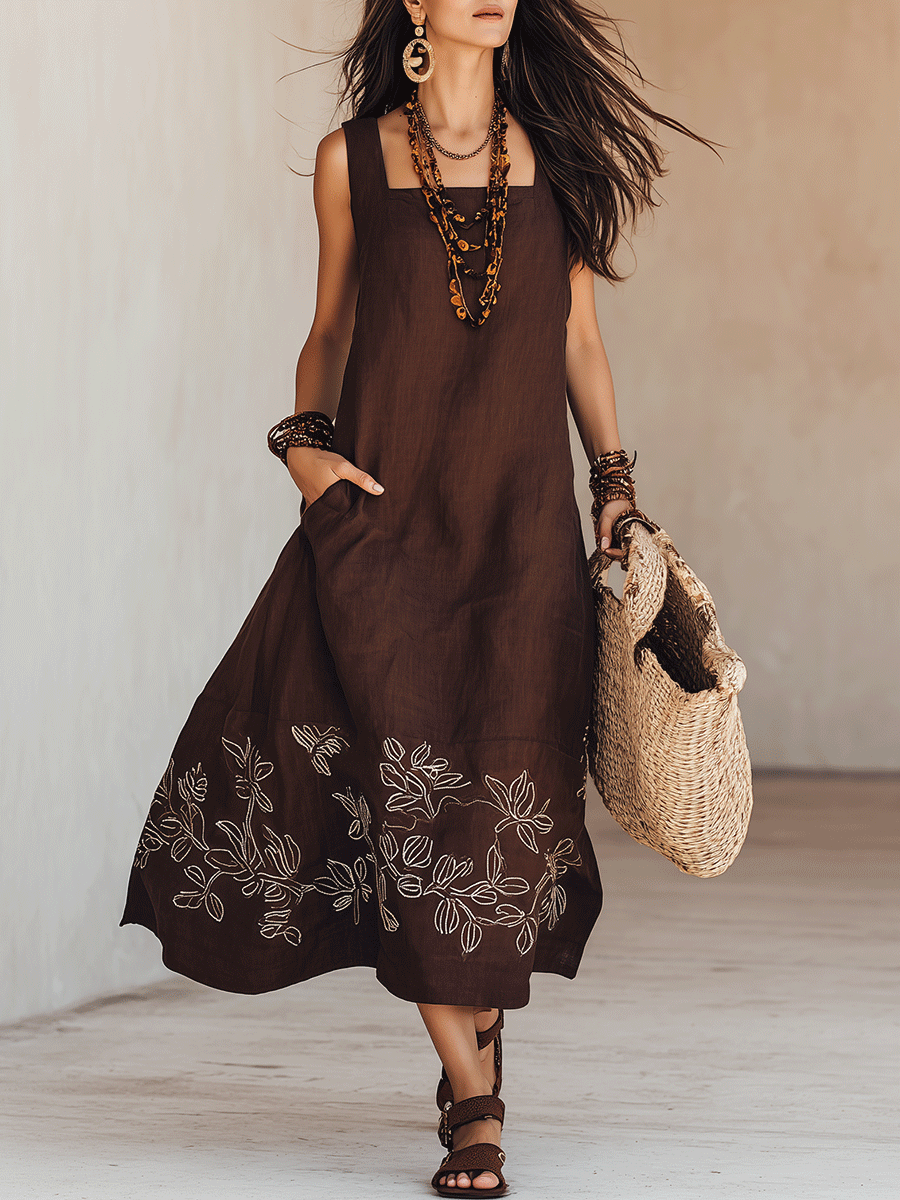 NOEMI | Midi Abito Lino Boho Ricamato