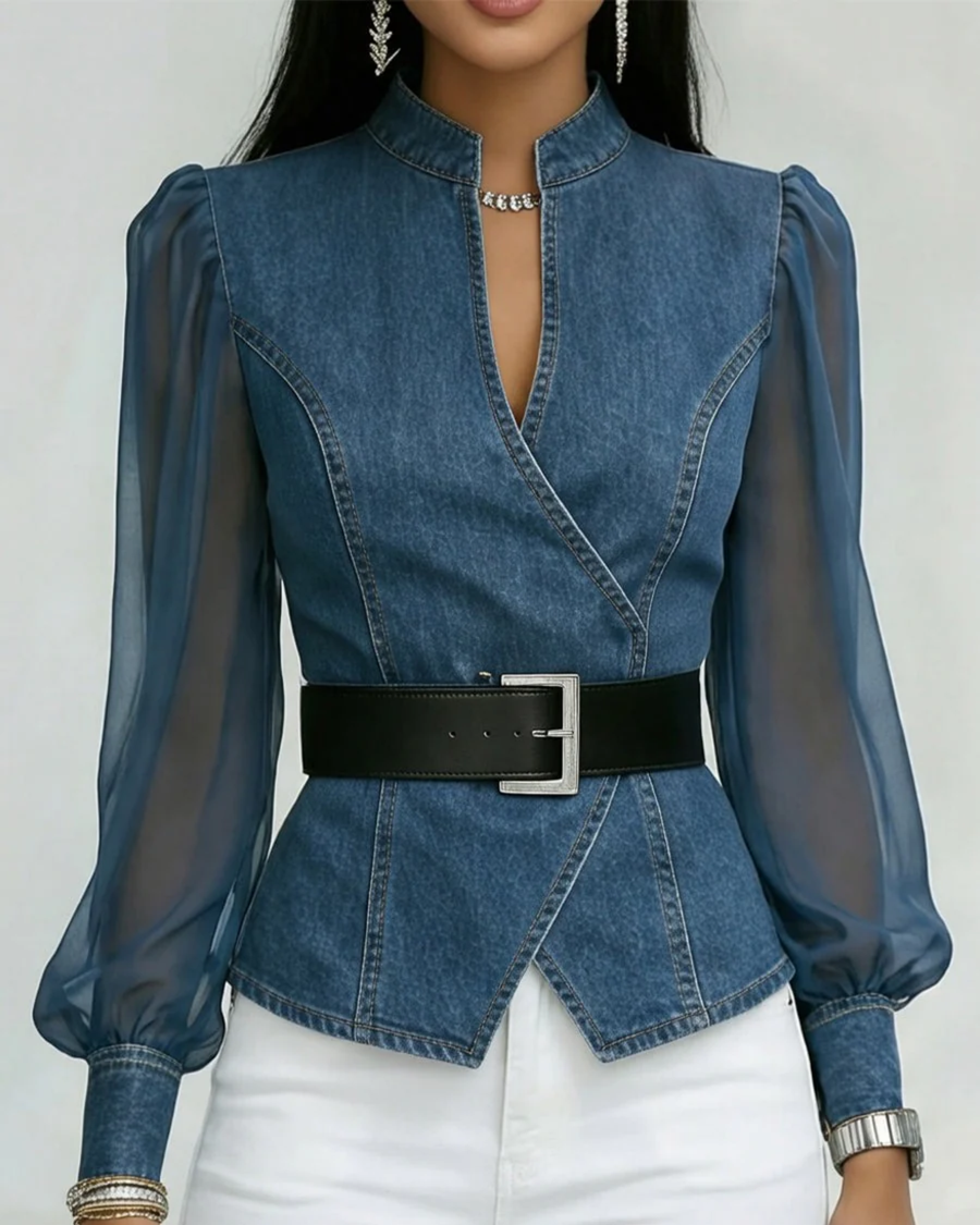 Chiara | Top in Denim con Maniche in Chiffon Leggero
