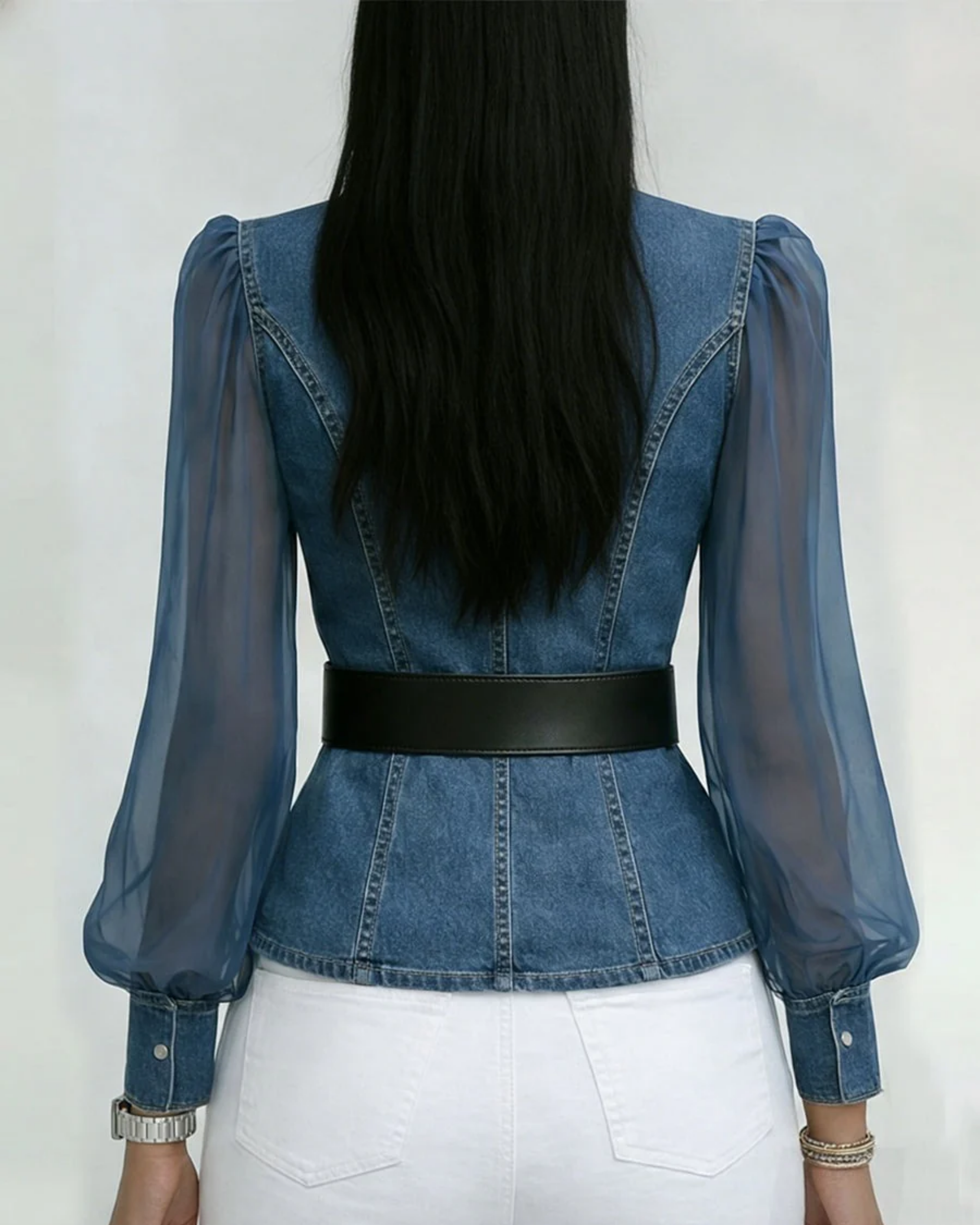 Chiara | Top in Denim con Maniche in Chiffon Leggero