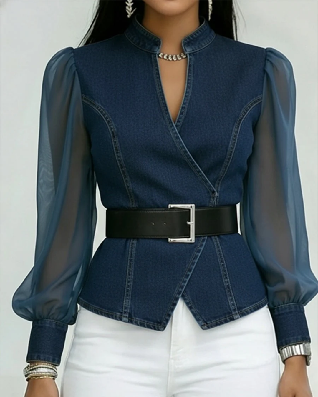 Chiara | Top in Denim con Maniche in Chiffon Leggero