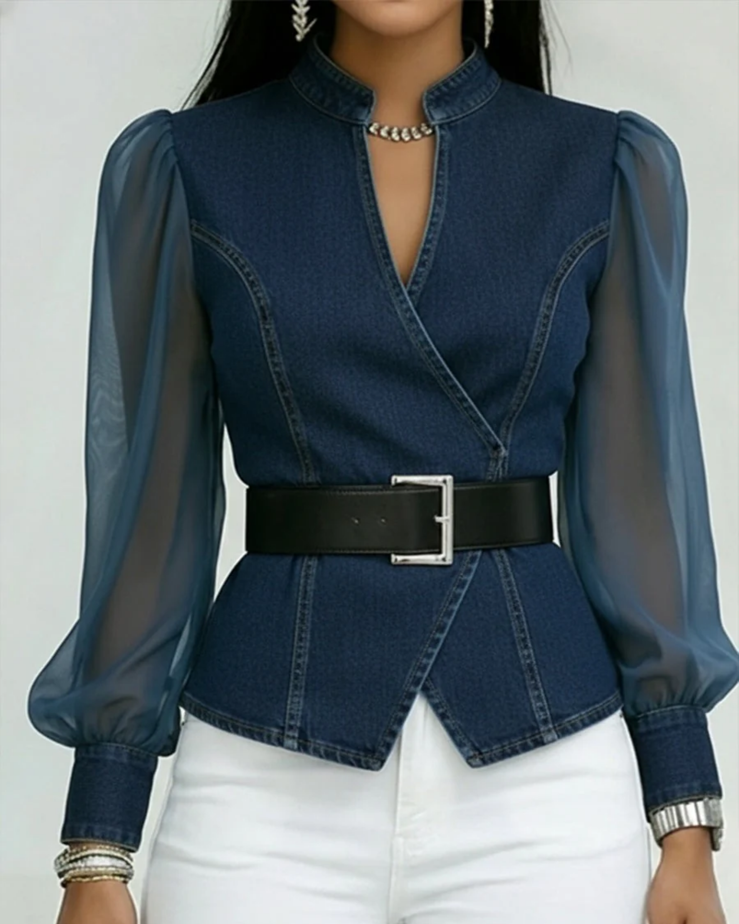 Chiara | Top in Denim con Maniche in Chiffon Leggero
