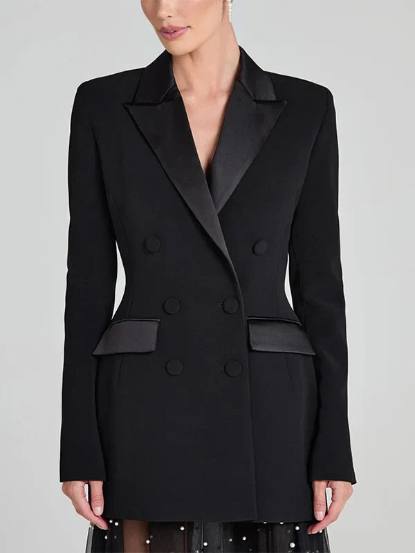 Sofia | Blazer reversibile in satin nero con doppia fila di bottoni