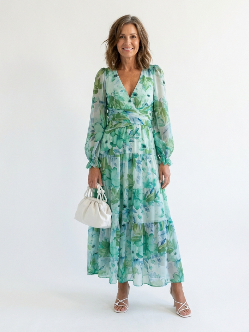 Abito Maxi a Maniche Lunghe con Stampa Floreale