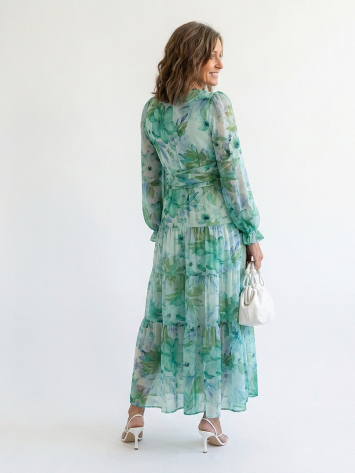 Abito Maxi a Maniche Lunghe con Stampa Floreale