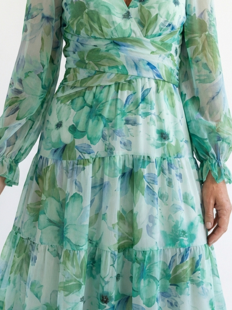 Abito Maxi a Maniche Lunghe con Stampa Floreale