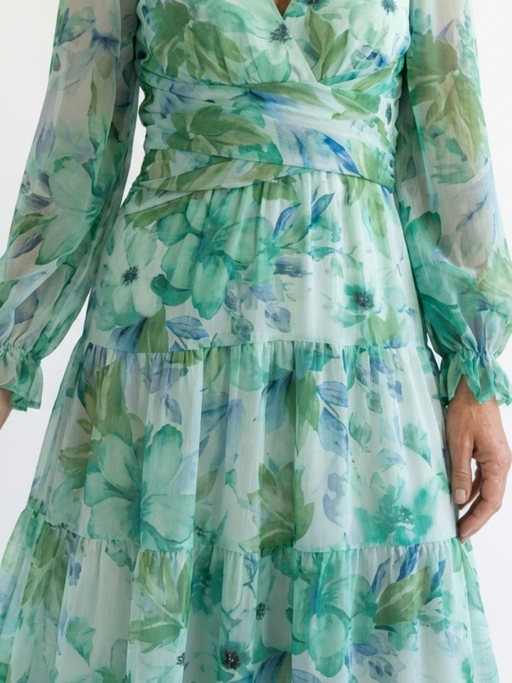 Abito Maxi a Maniche Lunghe con Stampa Floreale