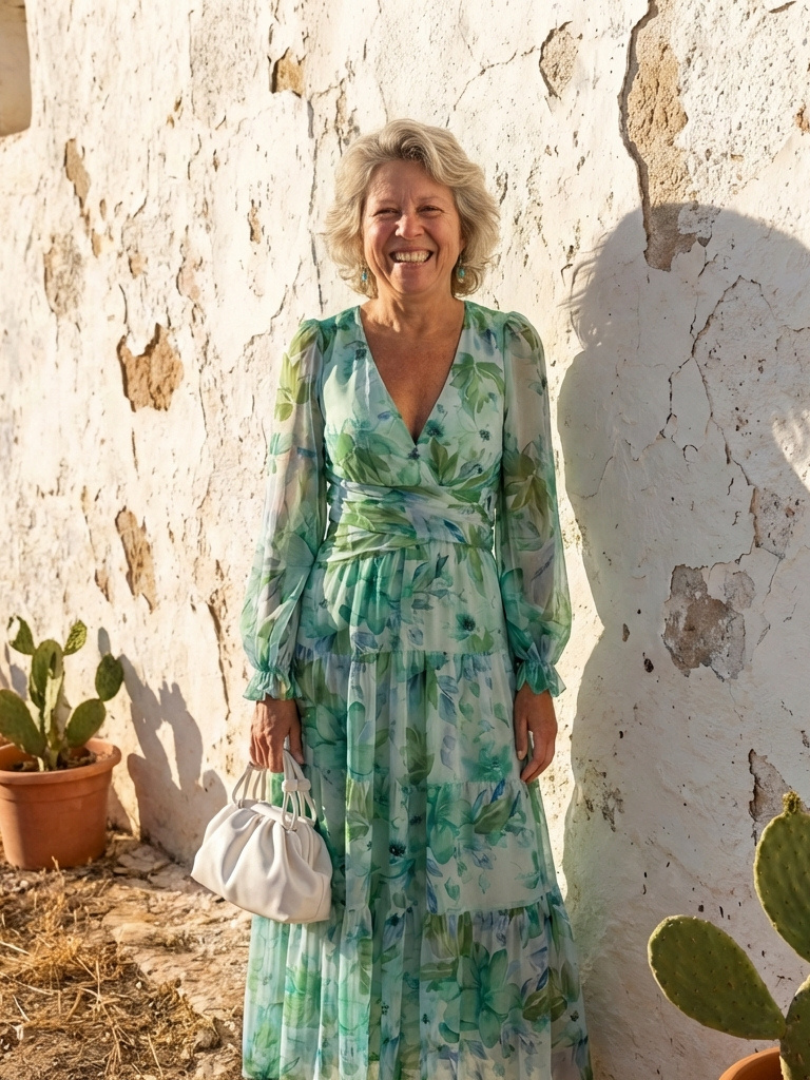 Abito Maxi a Maniche Lunghe con Stampa Floreale