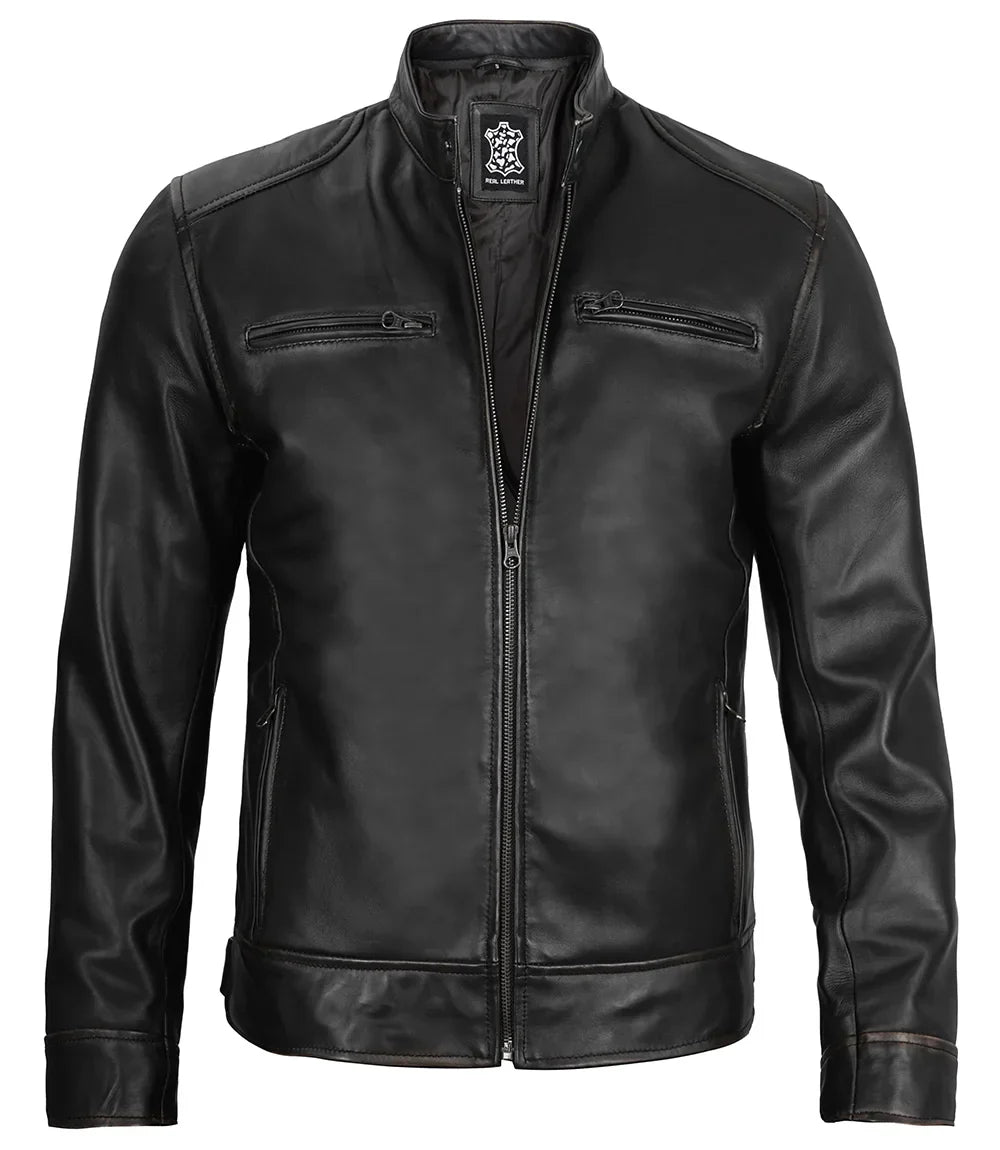 Dennis™ | Giacca in Pelle Nera da Uomo – Design Café Racer