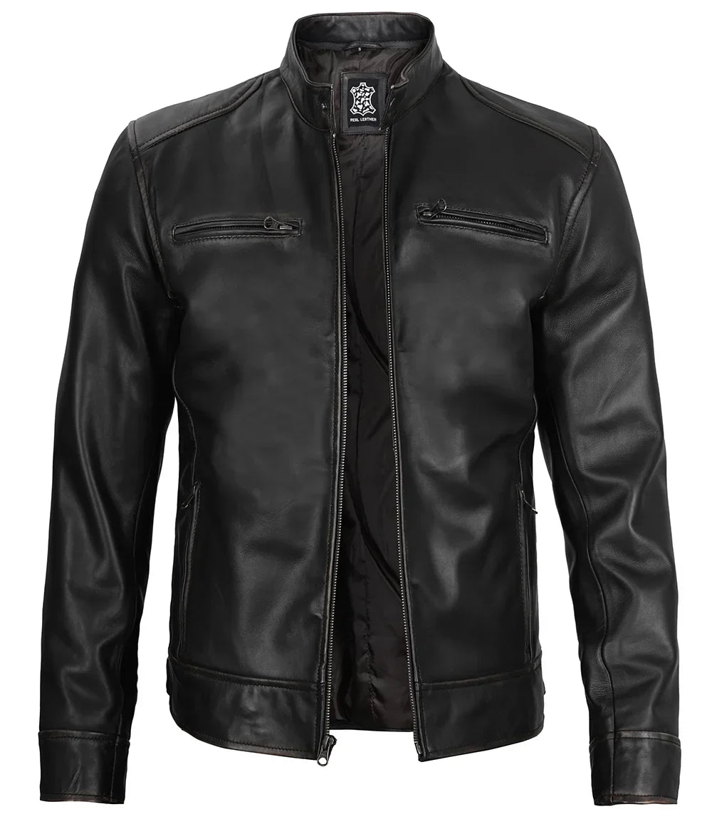 Dennis™ | Giacca in Pelle Nera da Uomo – Design Café Racer