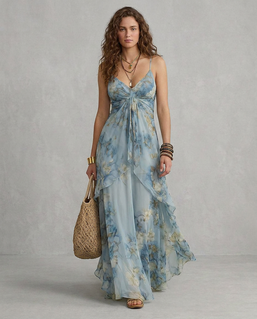 ELISA | Maxi Slip Dress Floreale Azzurro