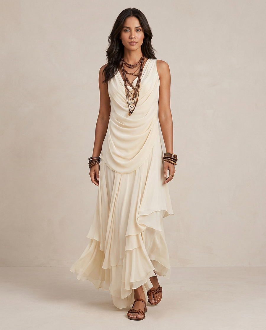 CLARA | Maxi Abito a Balze Crema