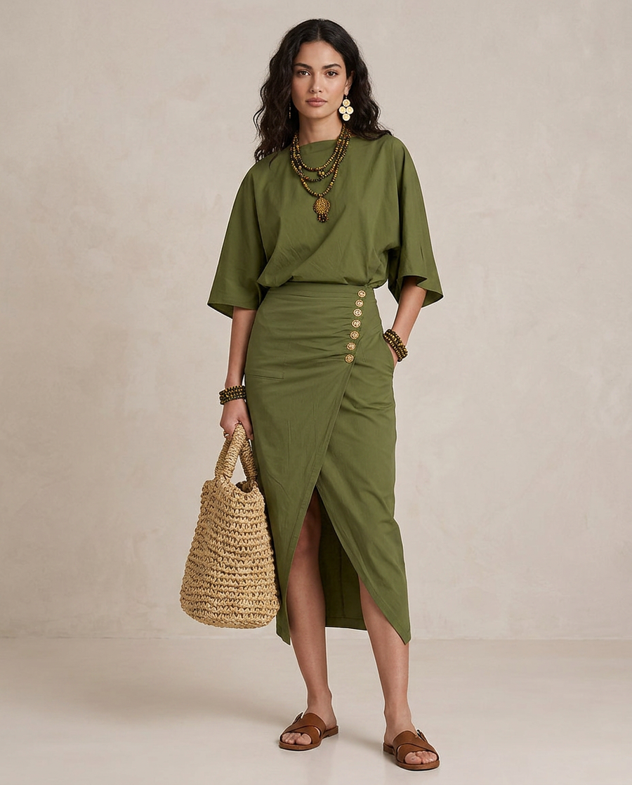 MARTA | Midi Abito Boho Verde Oliva