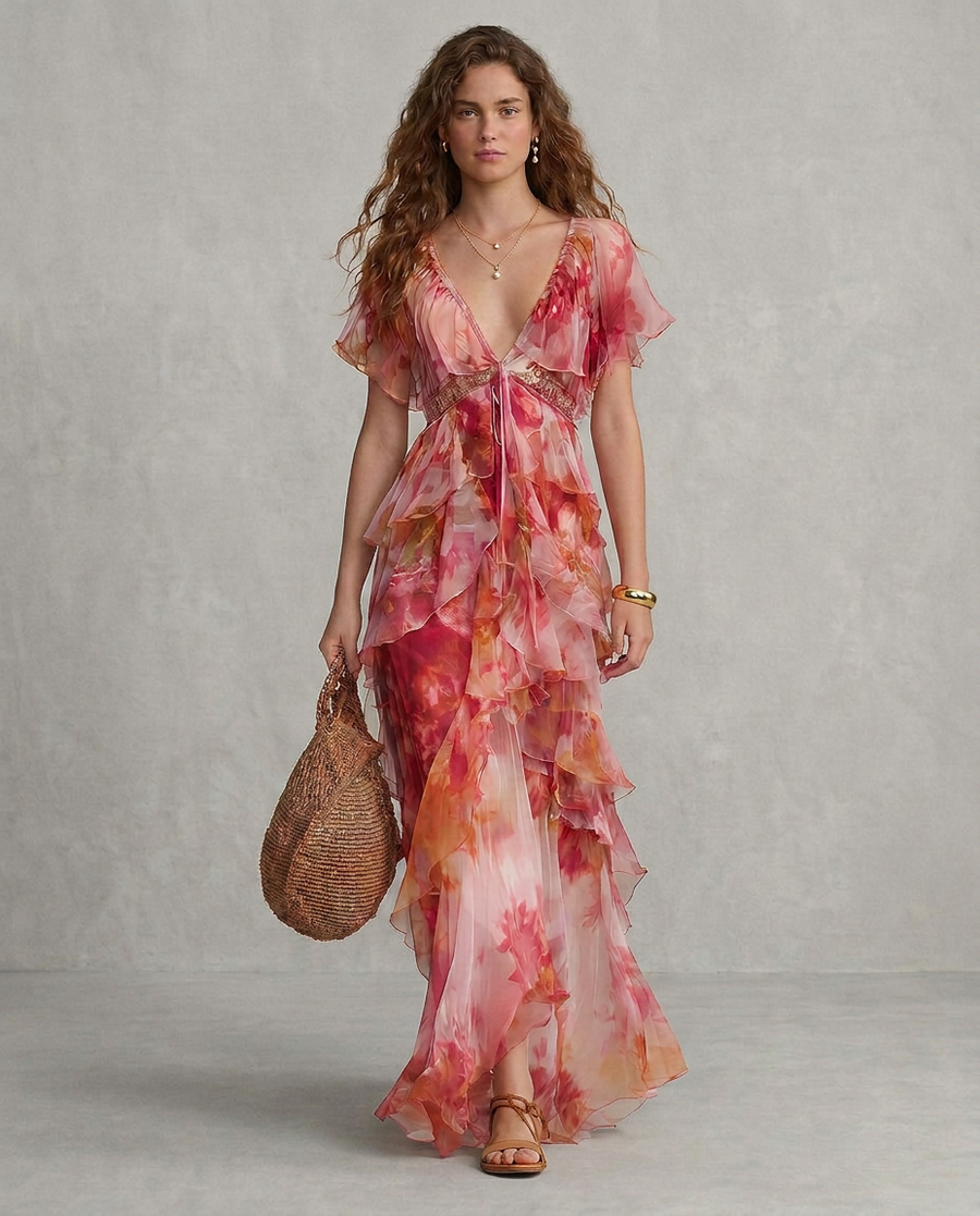 LUNA | Abito Boho Floreale con Balze