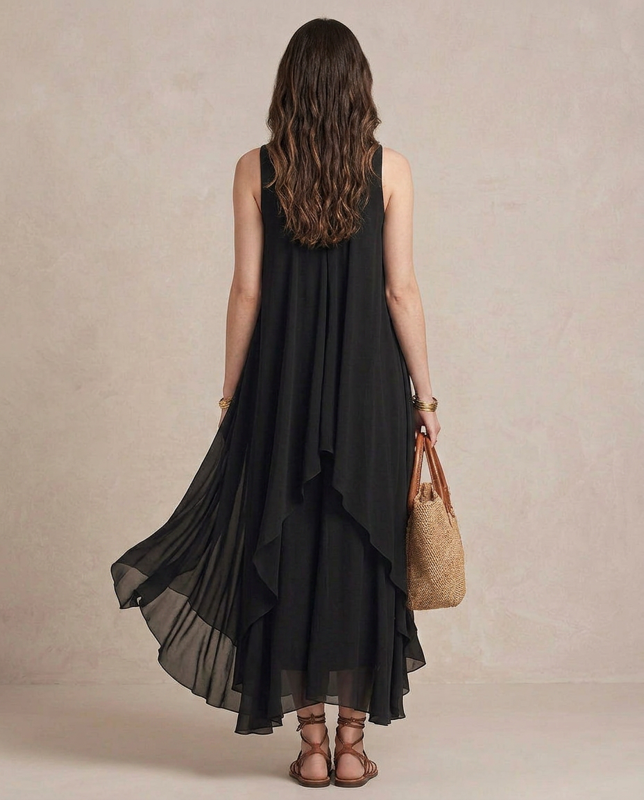 NOEMI | Maxi Abito Boho Layered Chiffon Nero