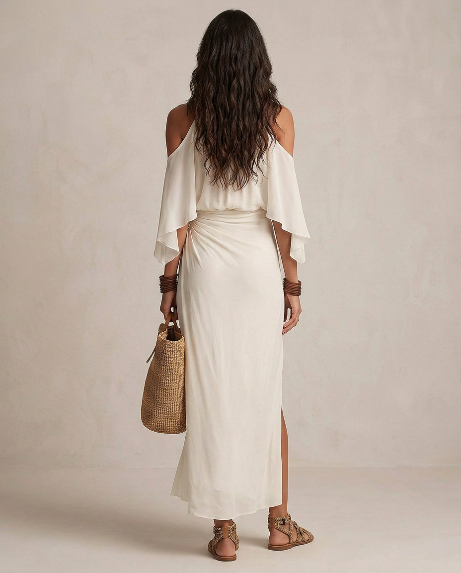 VALENTINA | Midi Abito Halter Avorio Drappeggiato
