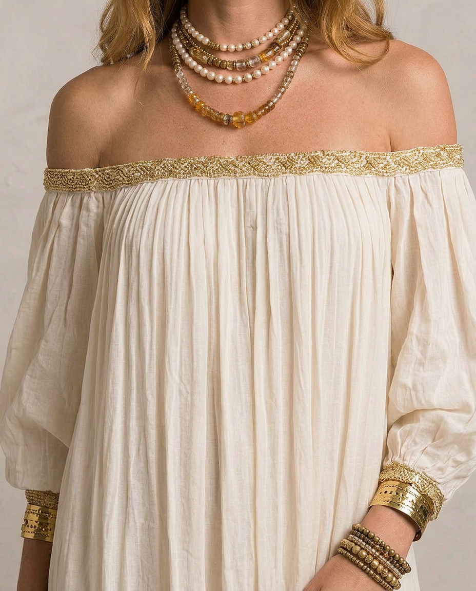 ISABELLA | Maxi Abito Boho Plissé Avorio