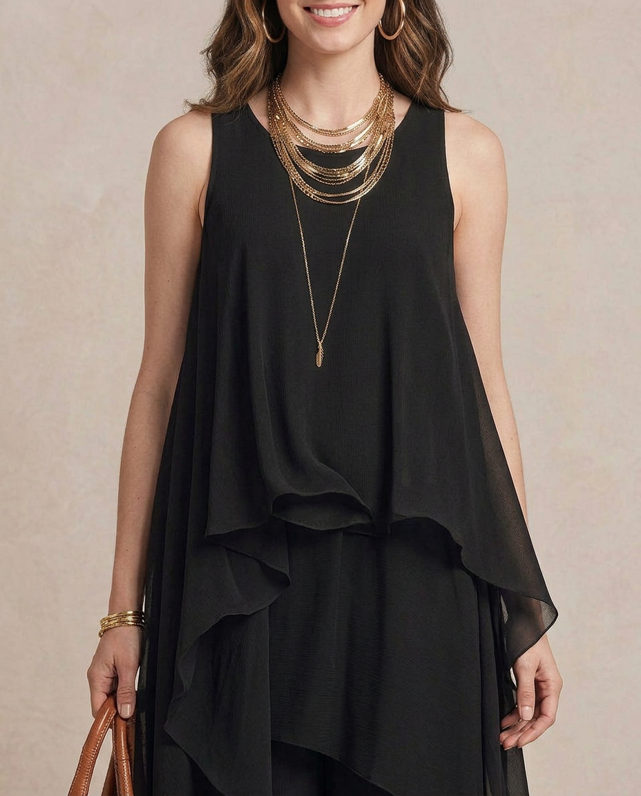 NOEMI | Maxi Abito Boho Layered Chiffon Nero