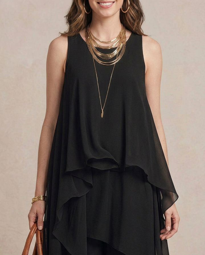 NOEMI | Maxi Abito Boho Layered Chiffon Nero