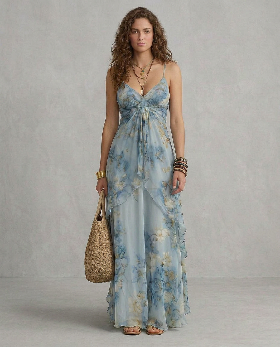 ELISA | Maxi Slip Dress Floreale Azzurro