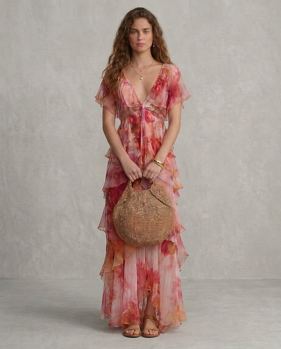LUNA | Abito Boho Floreale con Balze