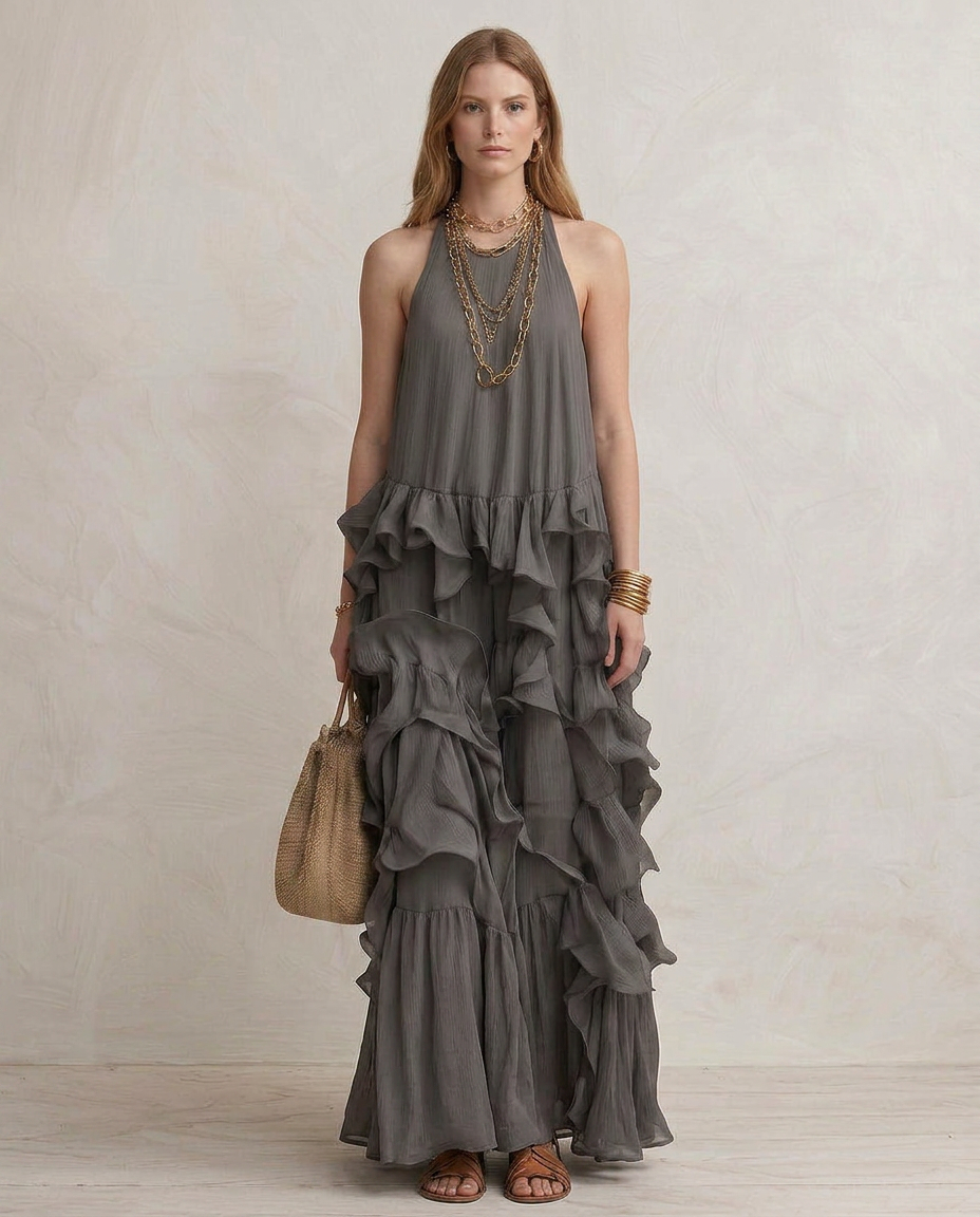SERENA | Maxi Abito Grigio con Balze