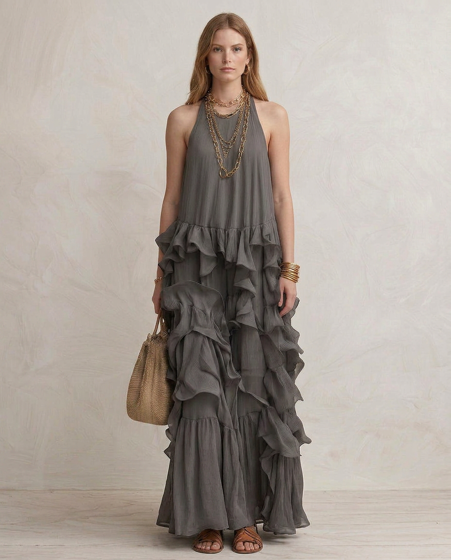 SERENA | Maxi Abito Grigio con Balze