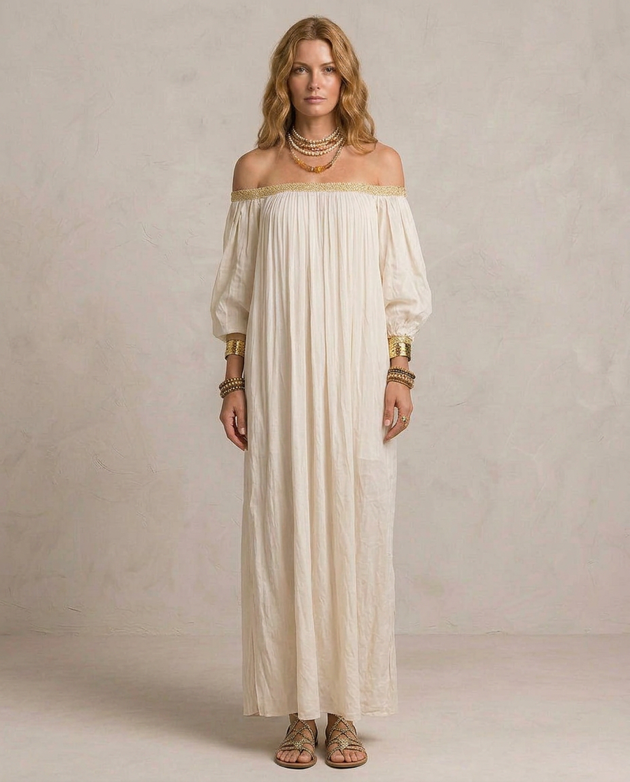 ISABELLA | Maxi Abito Boho Plissé Avorio