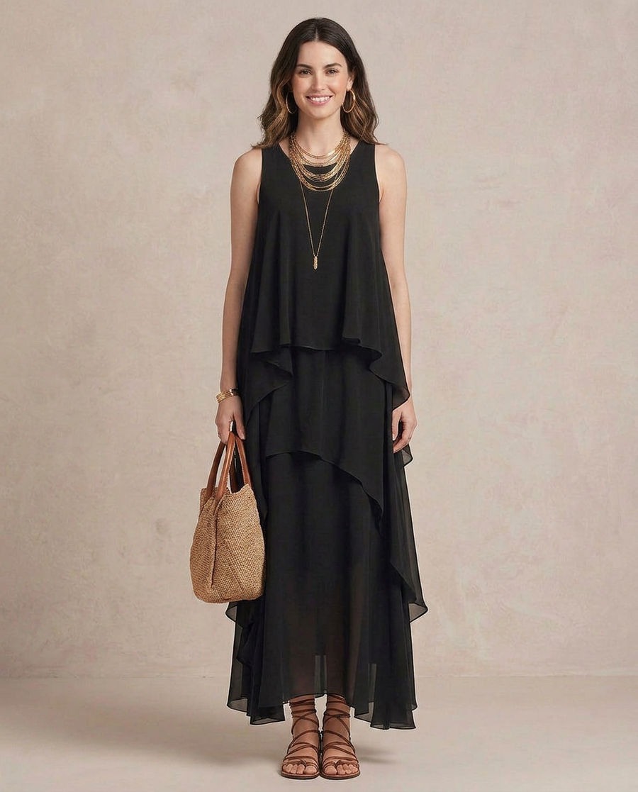 NOEMI | Maxi Abito Boho Layered Chiffon Nero