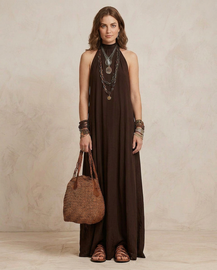 CAMILLA | Maxi Abito Halter Marrone Scuro