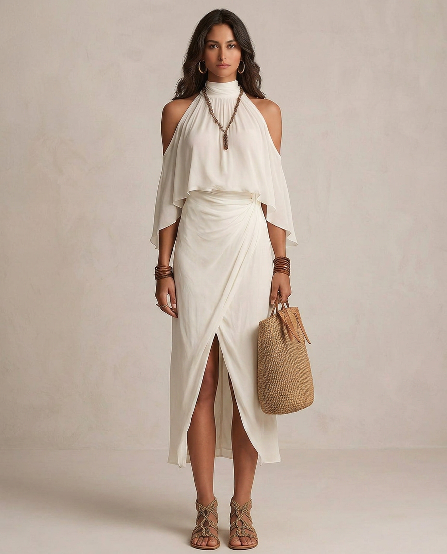 VALENTINA | Midi Abito Halter Avorio Drappeggiato