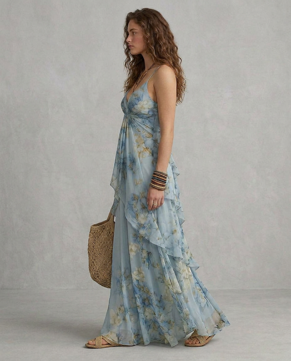 ELISA | Maxi Slip Dress Floreale Azzurro
