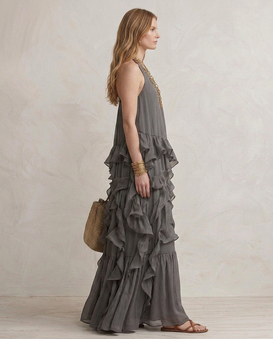 SERENA | Maxi Abito Grigio con Balze