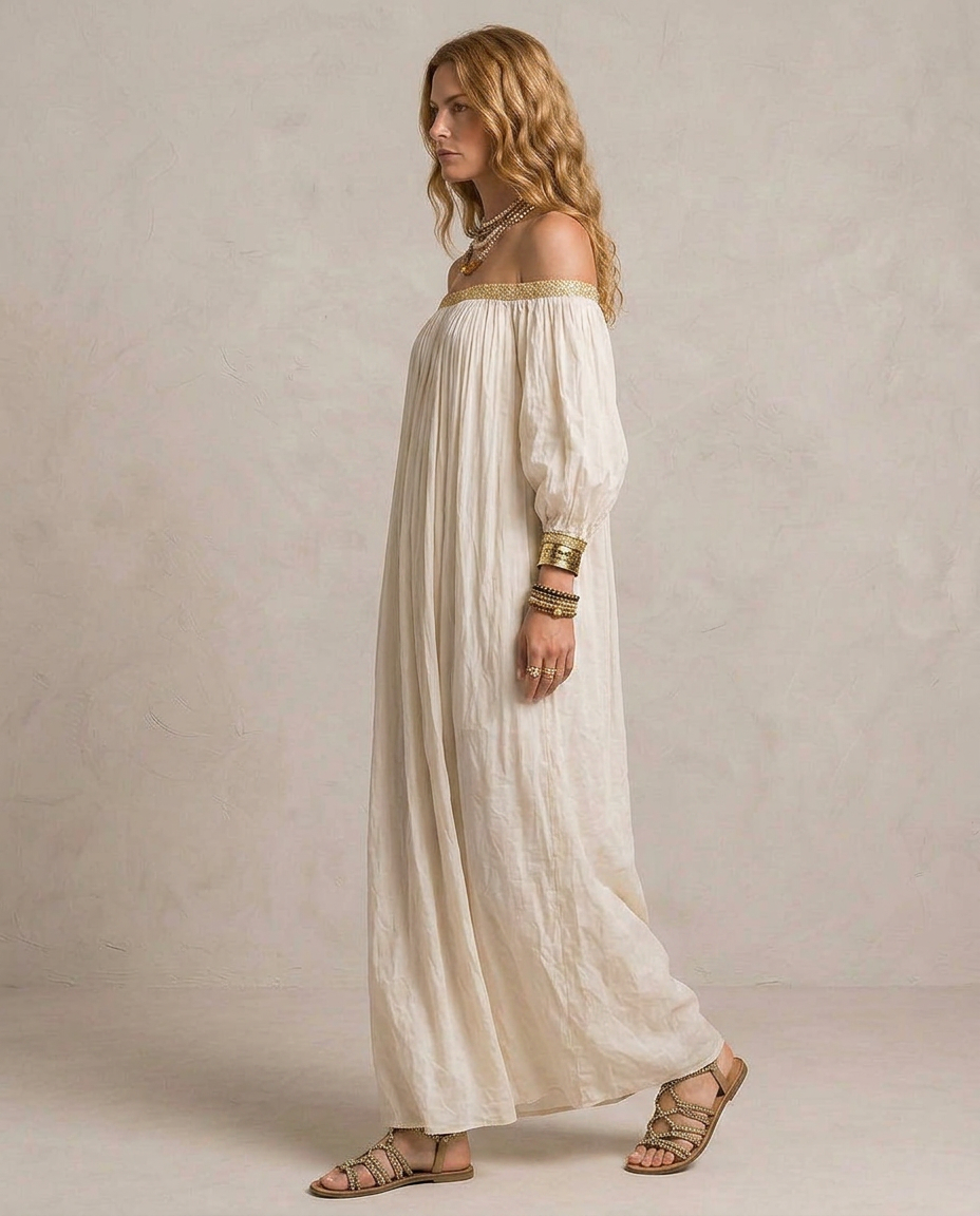 ISABELLA | Maxi Abito Boho Plissé Avorio