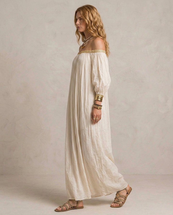 ISABELLA | Maxi Abito Boho Plissé Avorio