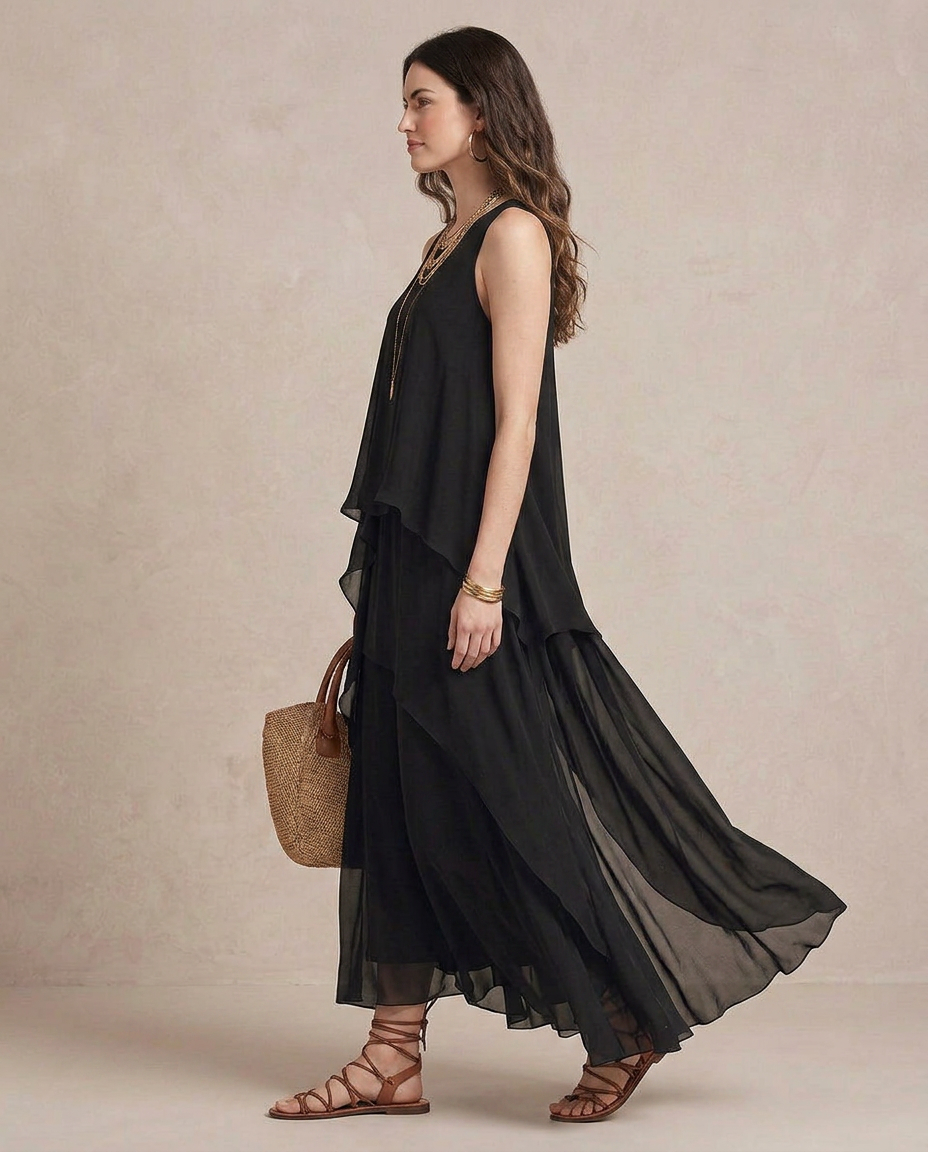 NOEMI | Maxi Abito Boho Layered Chiffon Nero