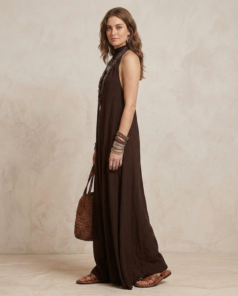 CAMILLA | Maxi Abito Halter Marrone Scuro