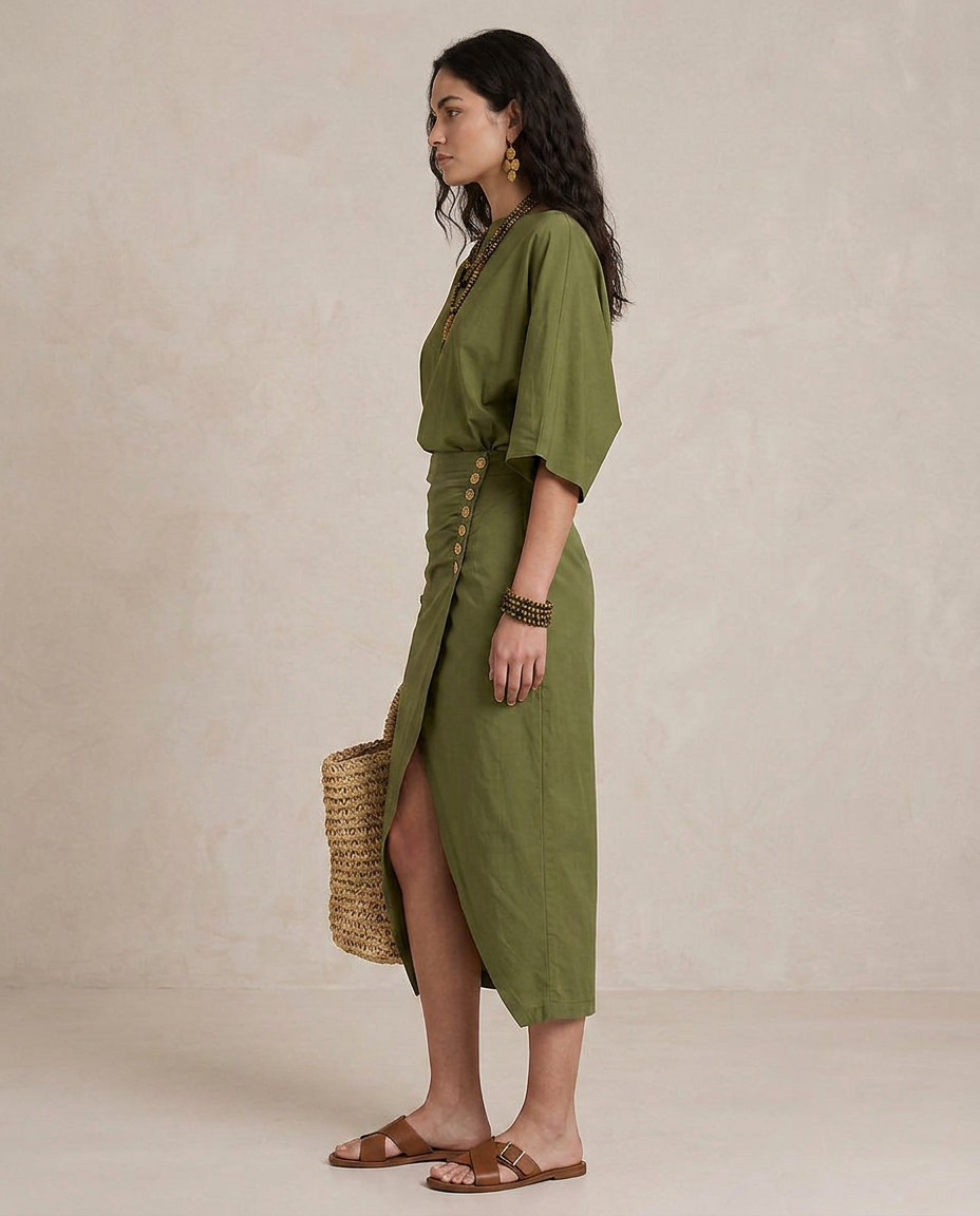MARTA | Midi Abito Boho Verde Oliva
