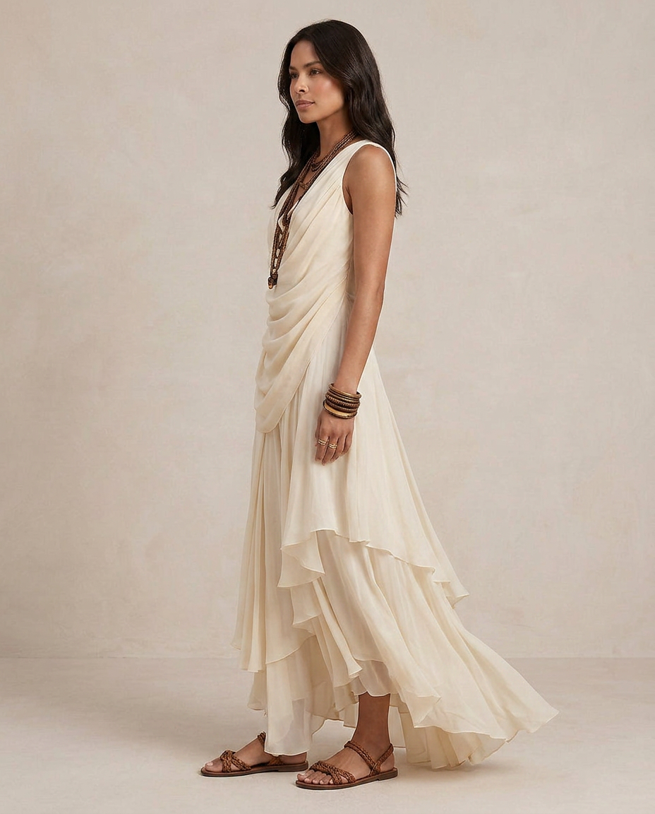 CLARA | Maxi Abito a Balze Crema