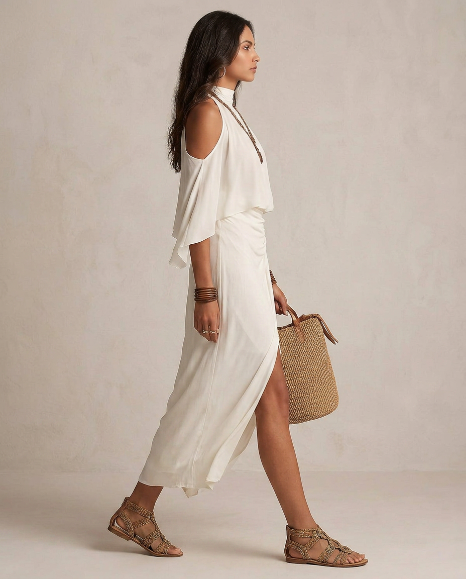 VALENTINA | Midi Abito Halter Avorio Drappeggiato