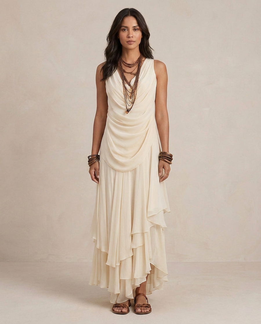 CLARA | Maxi Abito a Balze Crema