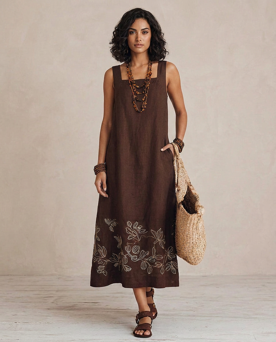 NOEMI | Midi Abito Lino Boho Ricamato