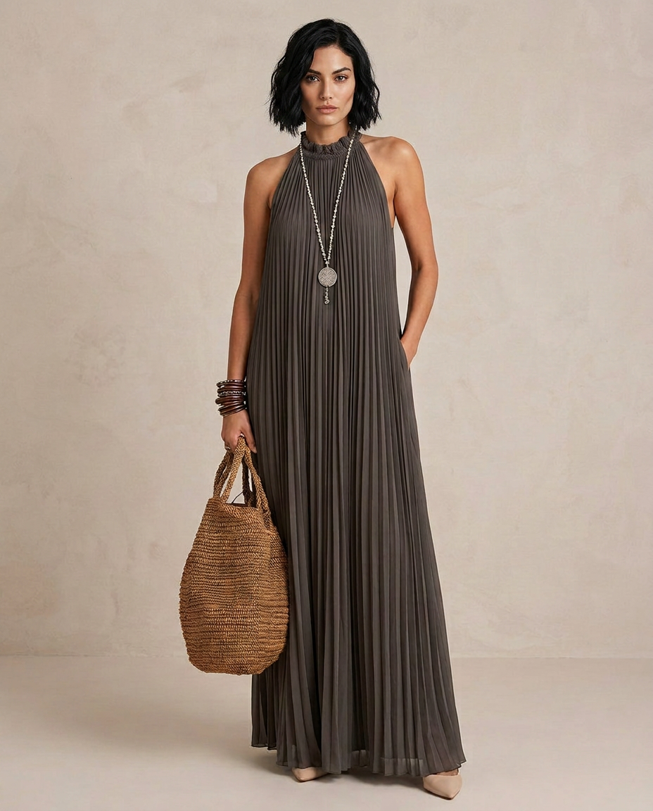 LIRA | Maxi Abito Halter Plissé Grigio