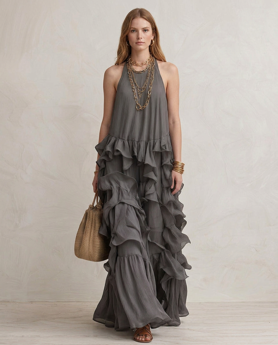SERENA | Maxi Abito Grigio con Balze