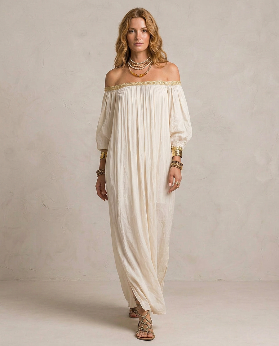 ISABELLA | Maxi Abito Boho Plissé Avorio