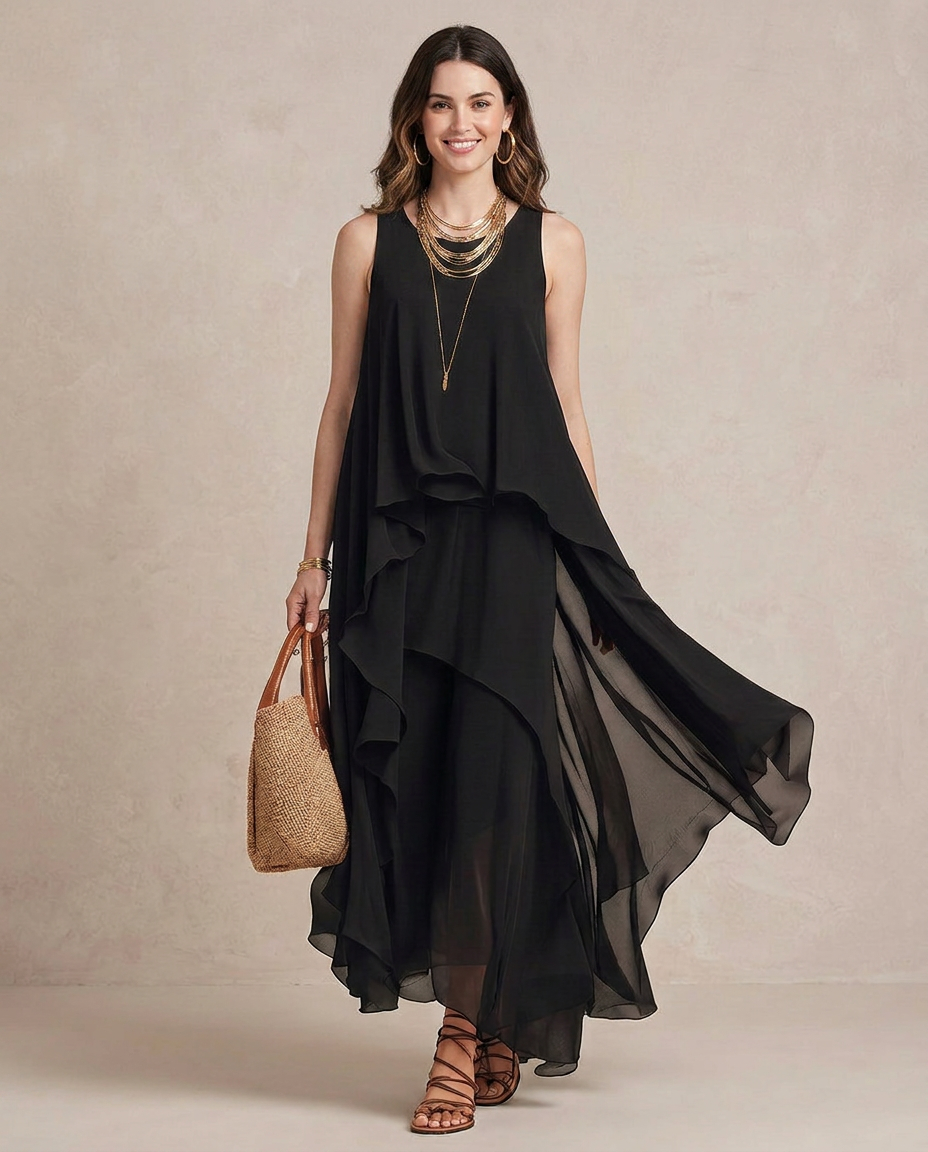 NOEMI | Maxi Abito Boho Layered Chiffon Nero
