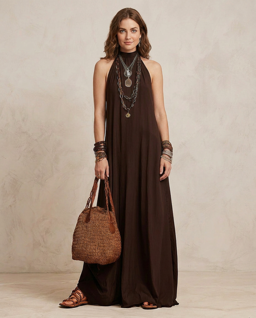 CAMILLA | Maxi Abito Halter Marrone Scuro
