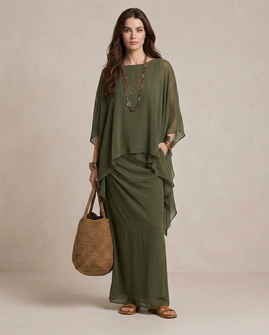 LIA | Maxi Abito Layered Verde Oliva
