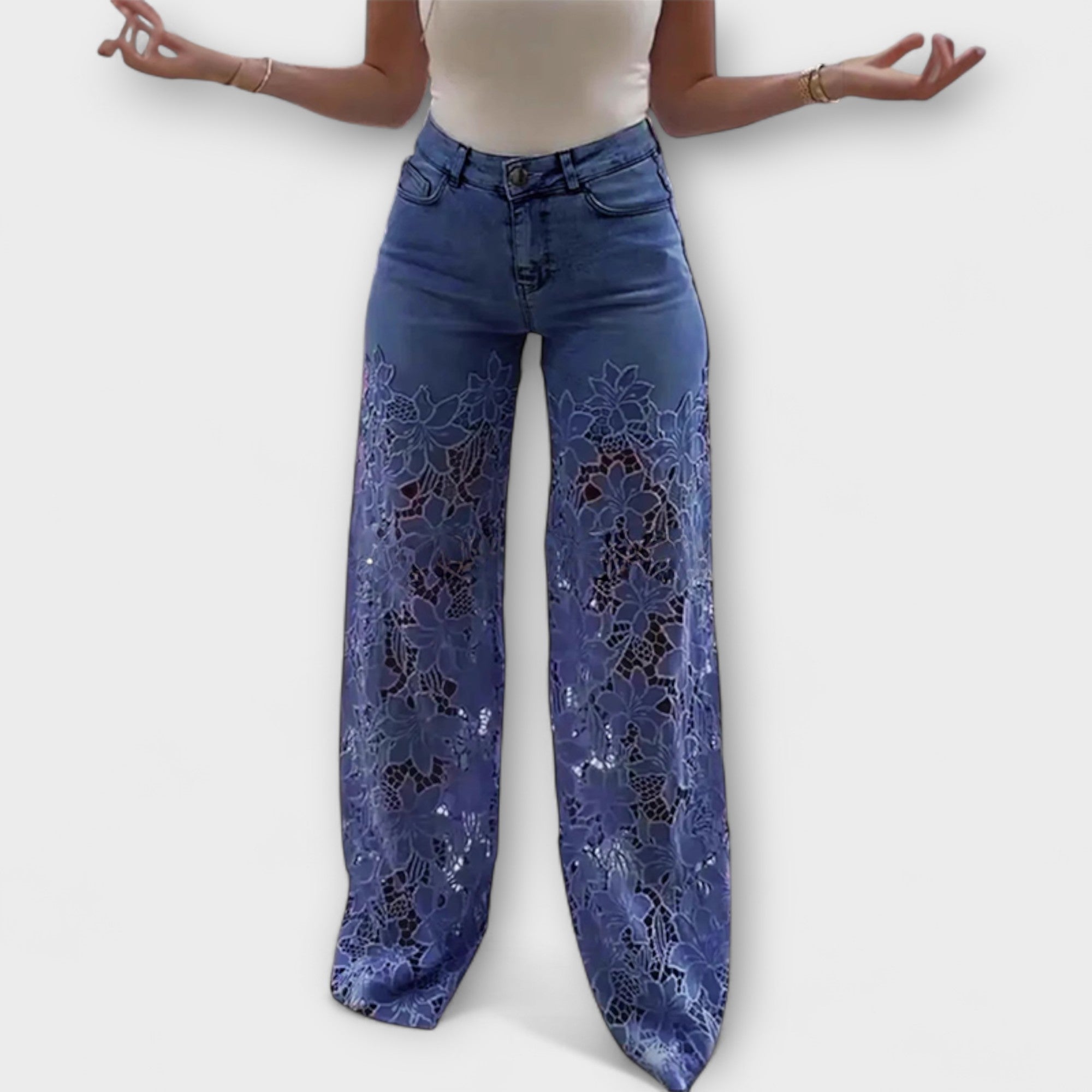 Virelle – Jeans con trasparenza floreale e gamba ampia